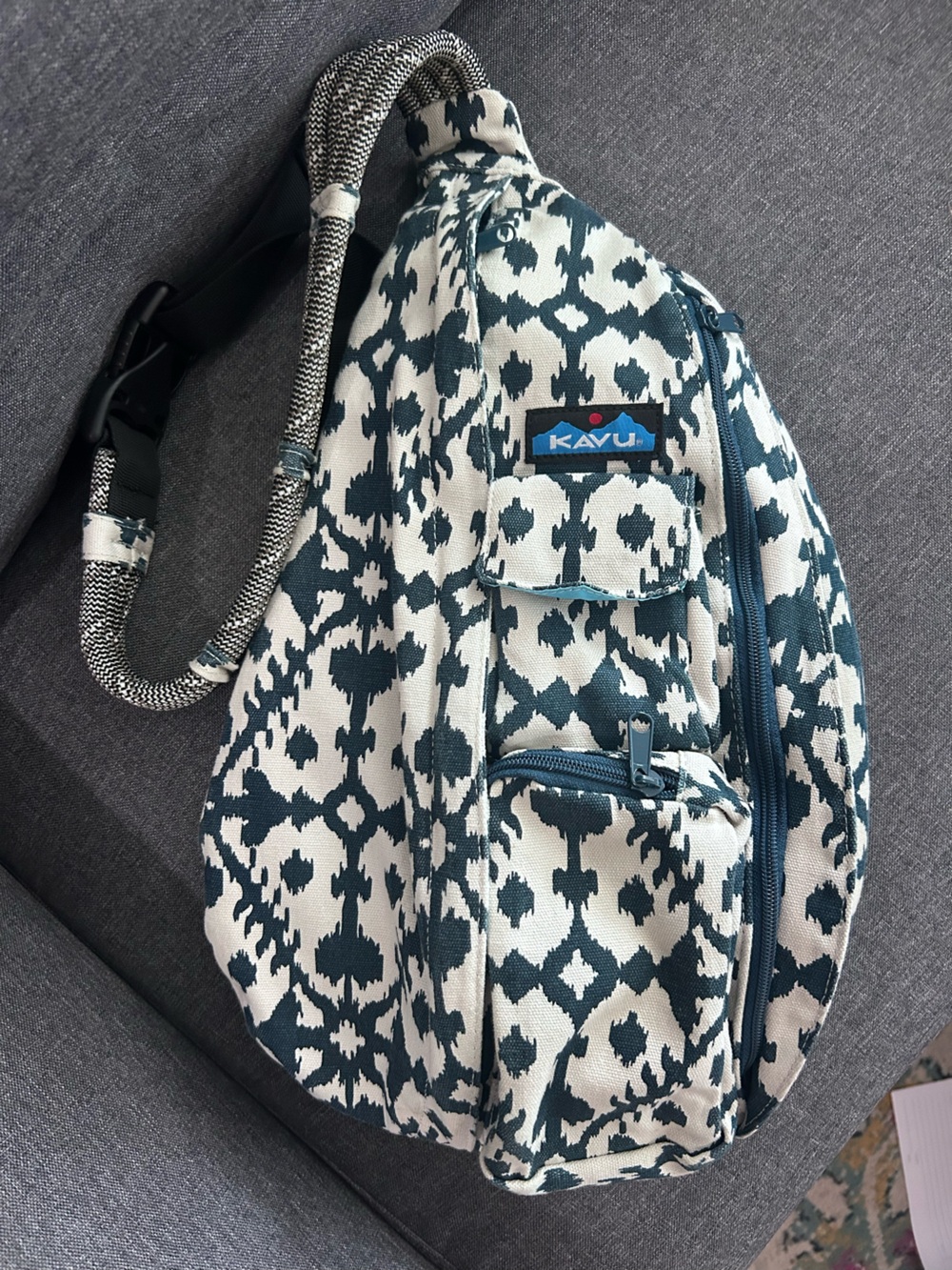 Kavu Teal and White Patterned Rope Sling Bag